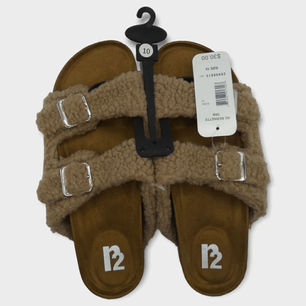 R2 Bernette Tan Sherpa Faux Fur Slip On Slide Sandals Size 10M